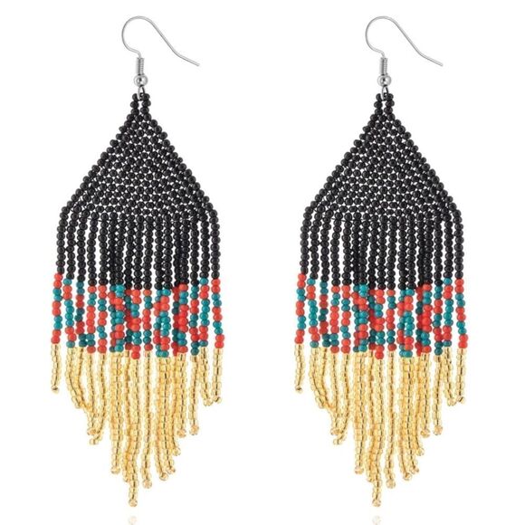 Colorful Bohemian Seed Bead Tassel Dangling Statement French Wire Hook Earrings - Picture 1 of 5